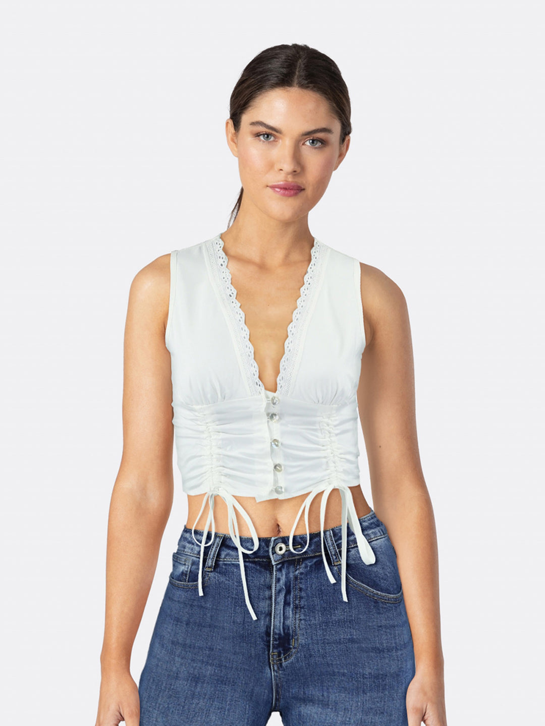 Sleeveless Blouse Featuring Adjustable Draping White Front Close