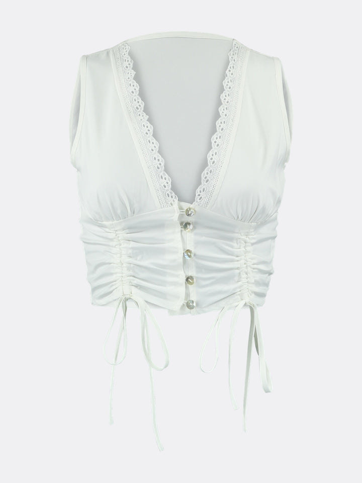 Sleeveless Blouse Featuring Adjustable Draping White Ghost