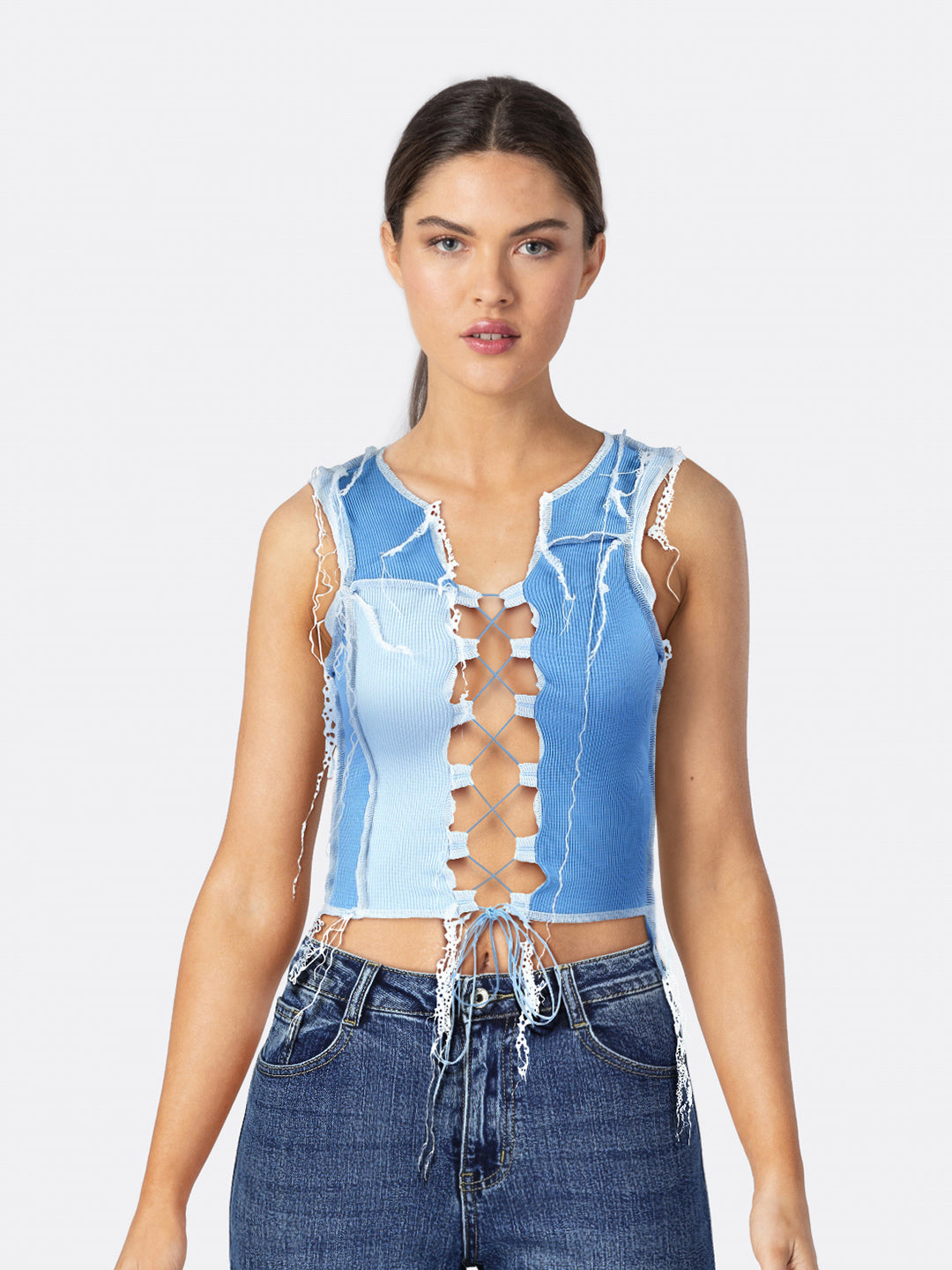 Sleeveless Lace Up Top Blue Front Close