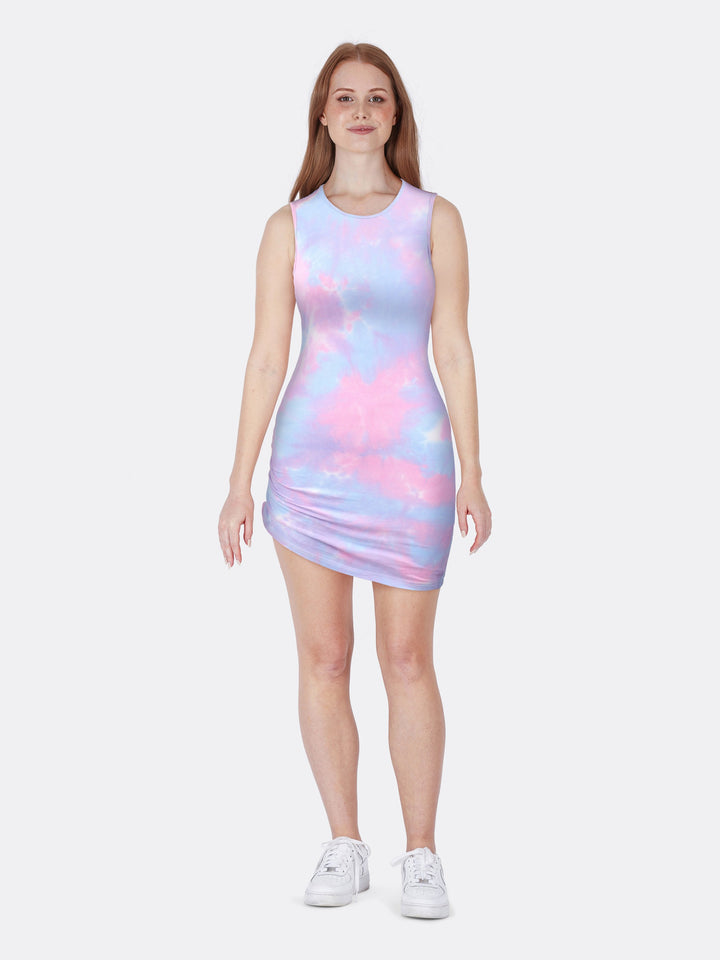 Sleeveless Pleated Asymmetric Bodycon Mini Dress Front
