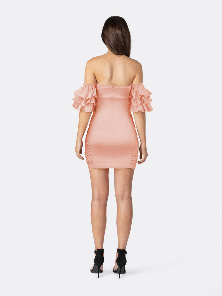Strapless Mini Elastic Bodycon Dress with Sleeve Pleat Pink Back