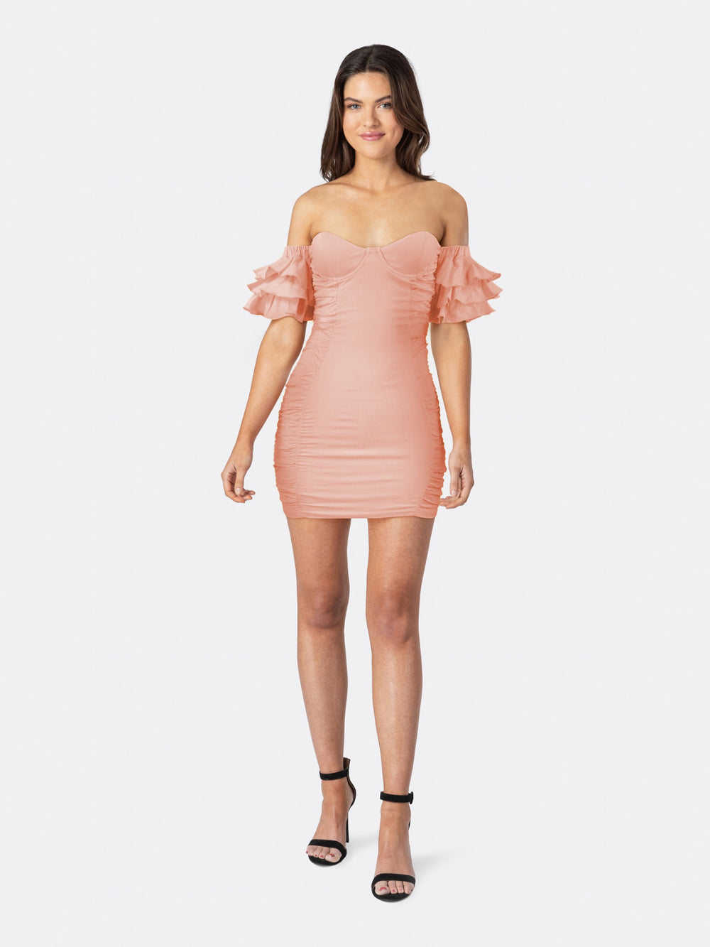 Strapless Mini Elastic Bodycon Dress with Sleeve Pleat Pink Front