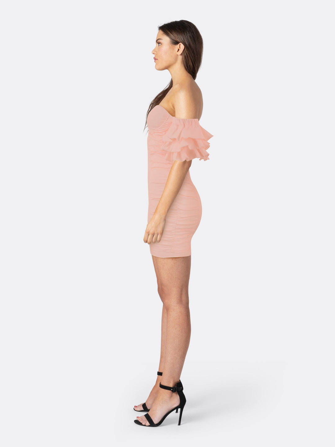 Strapless Mini Elastic Bodycon Dress with Sleeve Pleat Pink Side