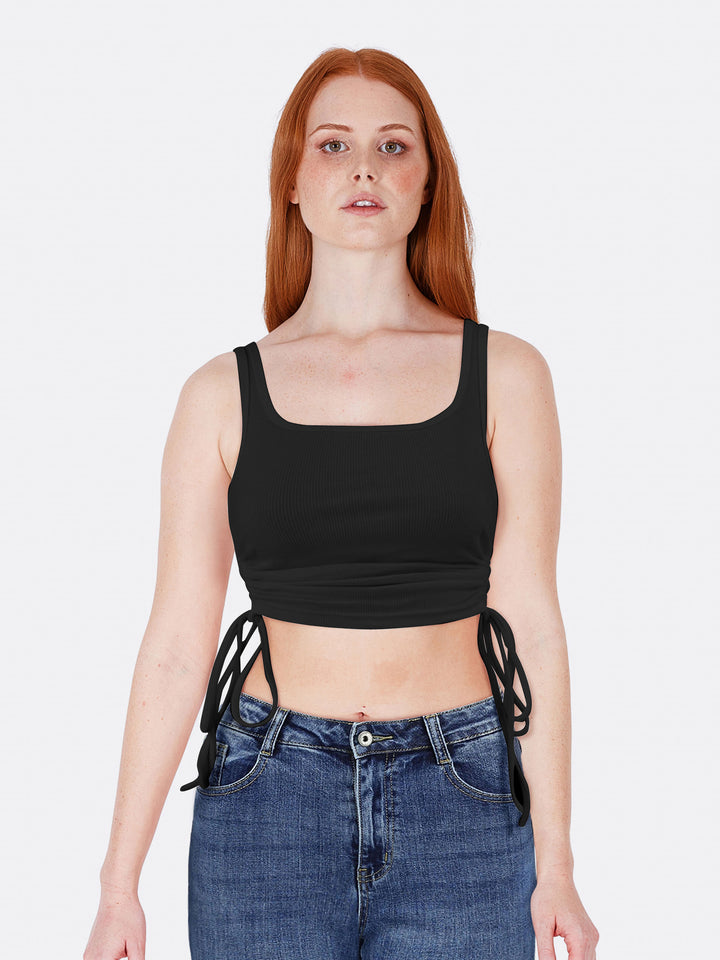 Strappy Top with Gathered Sides Black Front Close | Jolovies