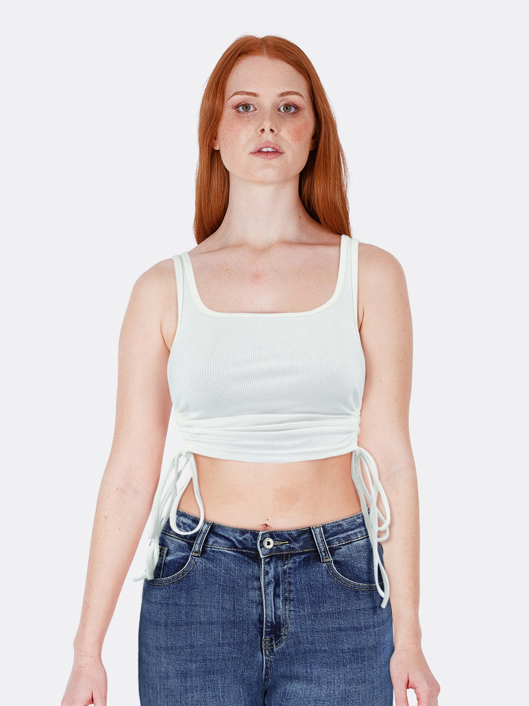 Strappy Top with Gathered Sides White Front Close | Jolovies