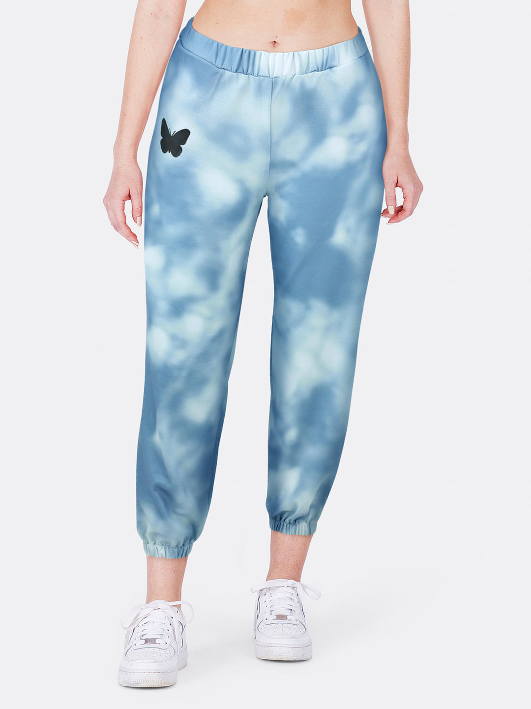 Tie-Dye High Waist Jogging Trousers Butterfly Printed Blue Front Close | Jolovies
