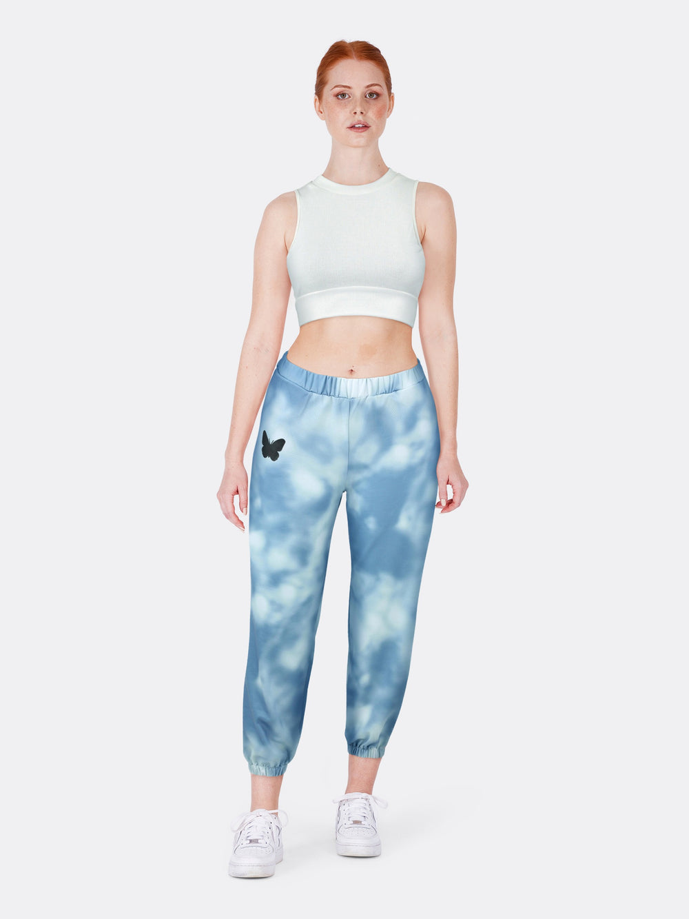 Tie-Dye High Waist Jogging Trousers Butterfly Printed Blue Front | Jolovies