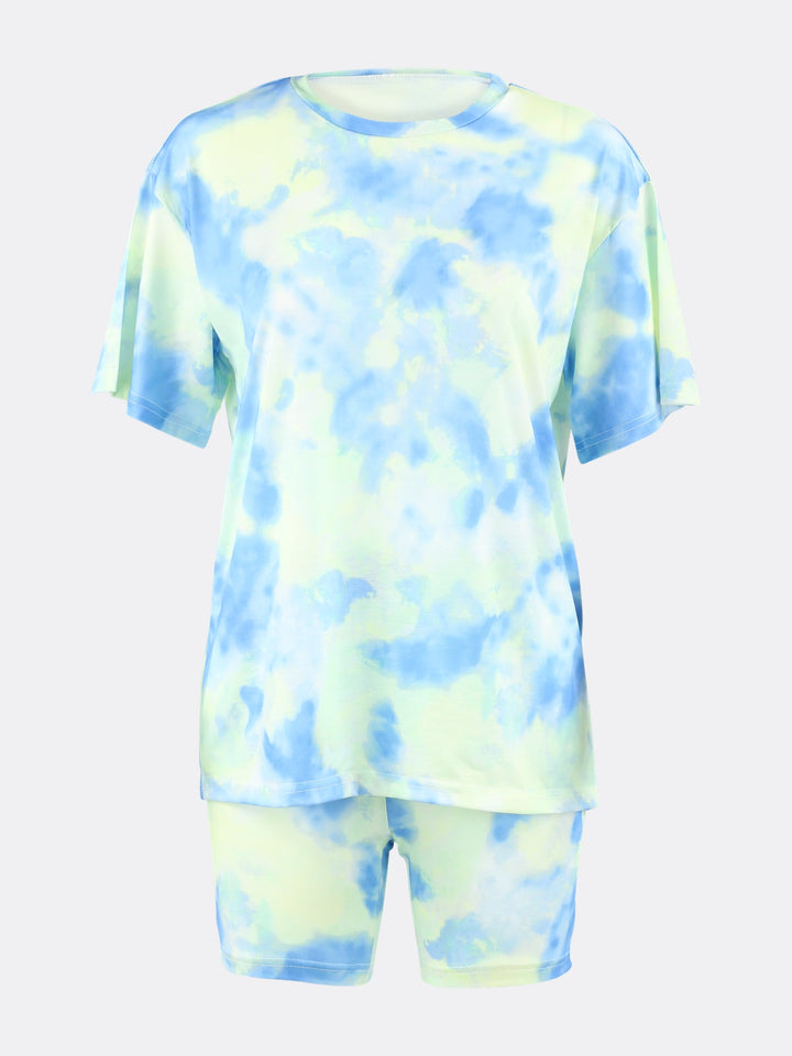 Tie Dye Loose Two-Piece Jogger Set Short Sleeve T-shirt and Shorts Blue Ghost | Jolovies