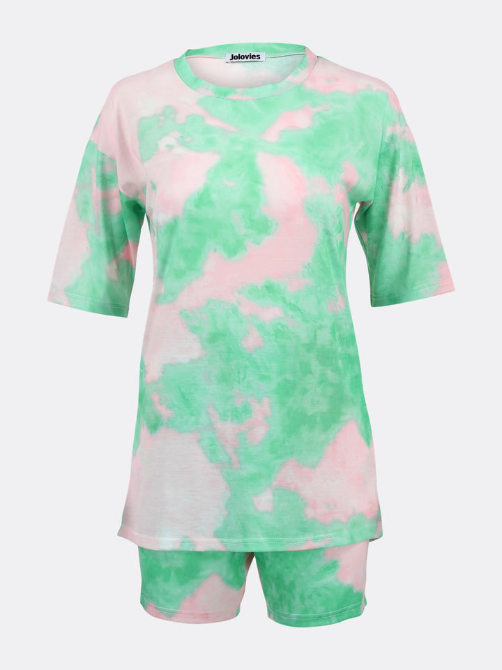 Tie Dye Loose Two-Piece Jogger Set Short Sleeve T-shirt and Shorts Green Ghost | Jolovies