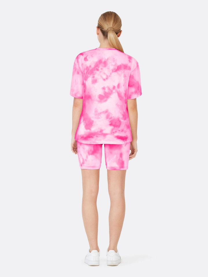 Tie Dye Loose Two-Piece Jogger Set Short Sleeve T-shirt and Shorts Pink Back | Jolovies