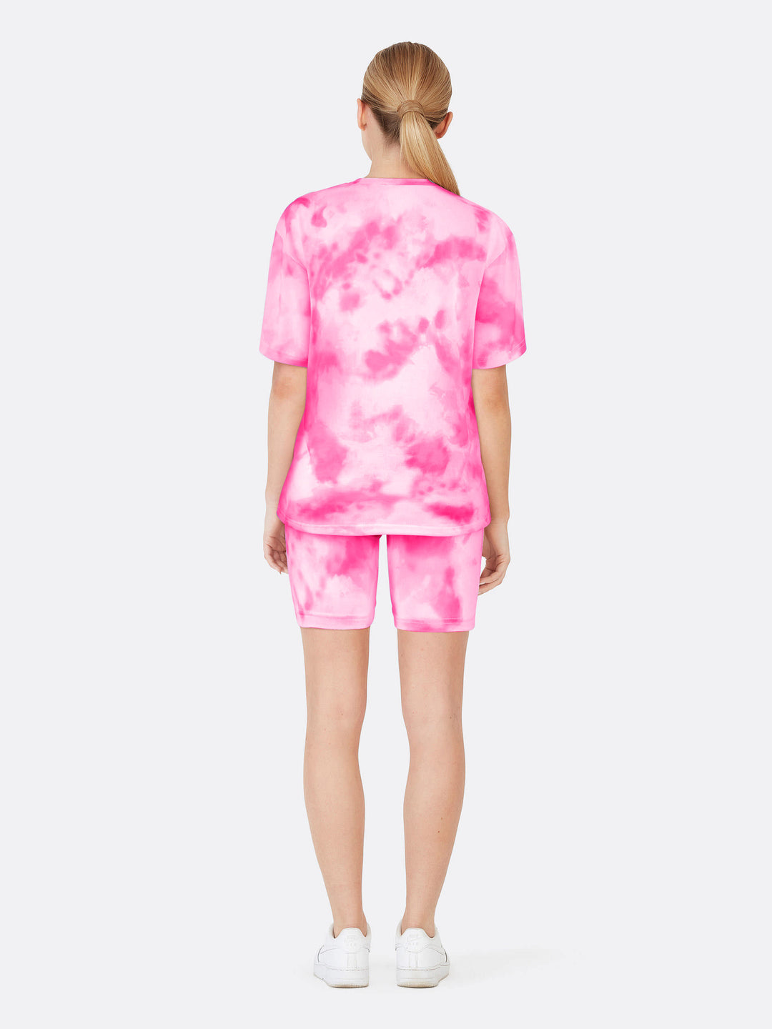 Tie Dye Loose Two-Piece Jogger Set Short Sleeve T-shirt and Shorts Pink Back | Jolovies
