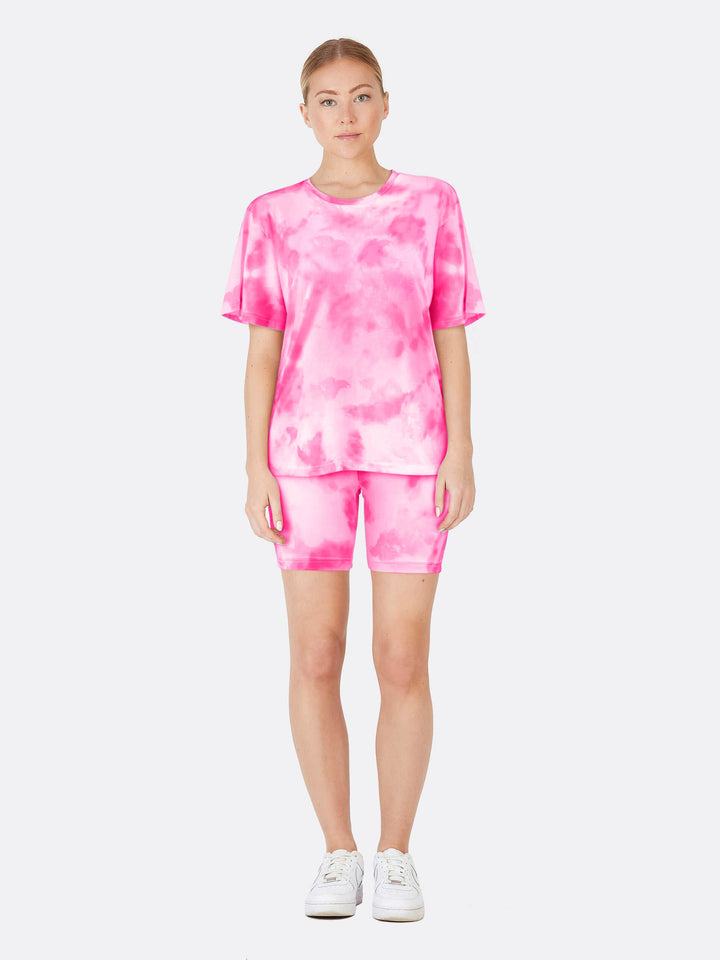 Tie Dye Loose Two-Piece Jogger Set Short Sleeve T-shirt and Shorts Pink Front | Jolovies