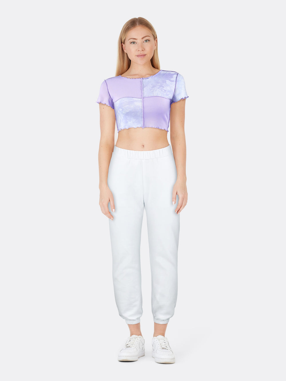 Tie Dye Round Neck T-shirt with Sequined Patchwork Purple Front