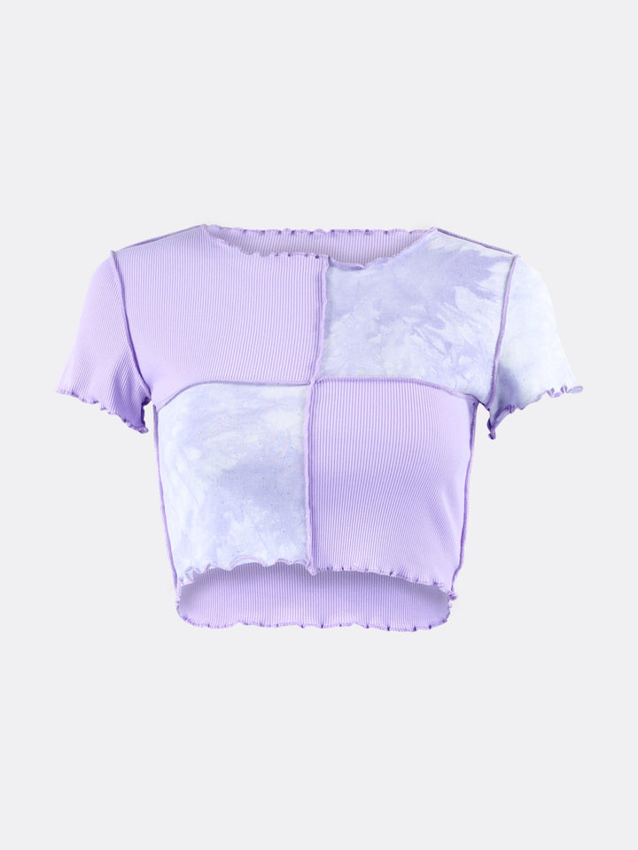 Tie Dye Round Neck T-shirt with Sequined Patchwork Purple Ghost