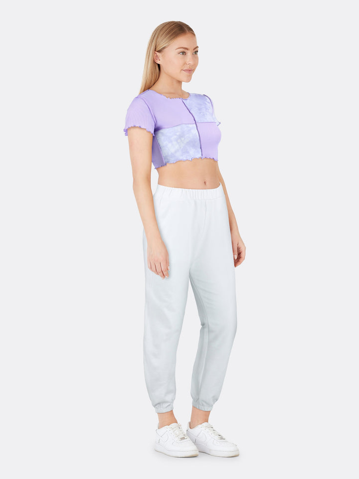 Tie Dye Round Neck T-shirt with Sequined Patchwork Purple Side