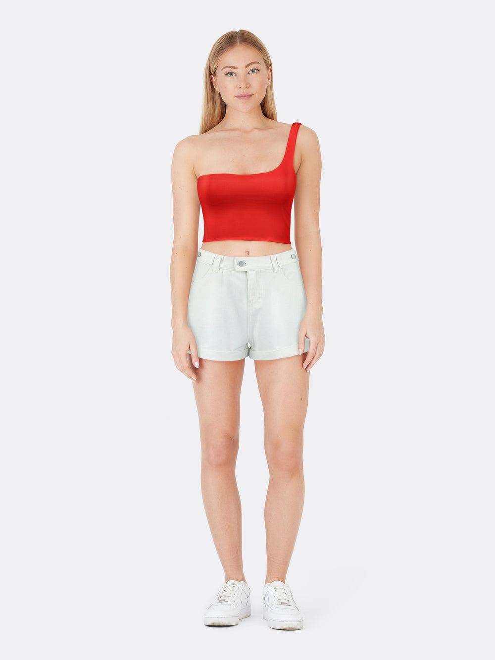 Tight One Side Off-Shoulder Top Red Front