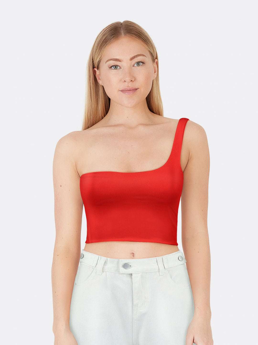 Tight One Side Off-Shoulder Top Red Front Close