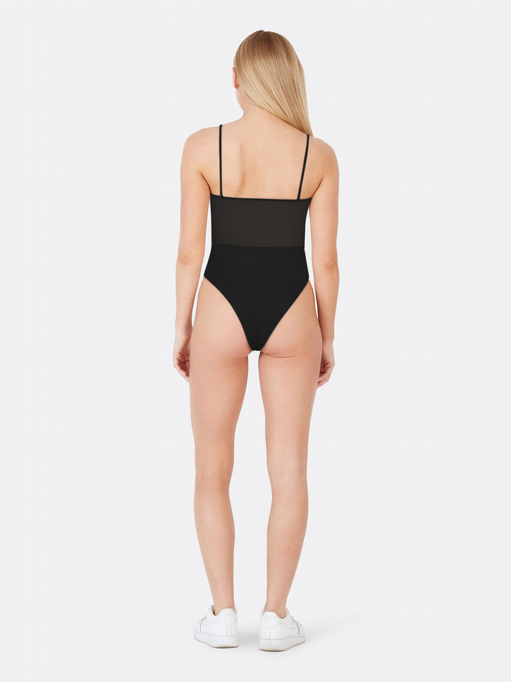 Transparent Bodysuit with Sweetheart Neckline Adjustable Thin Straps Black Back  | Jolovies