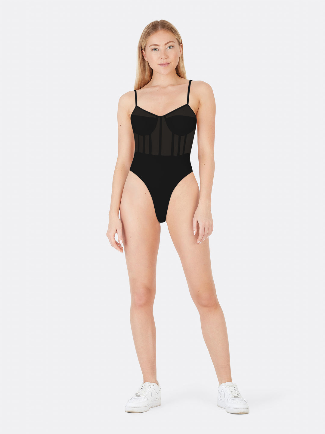 Transparent Bodysuit with Sweetheart Neckline Adjustable Thin Straps Black Front | Jolovies
