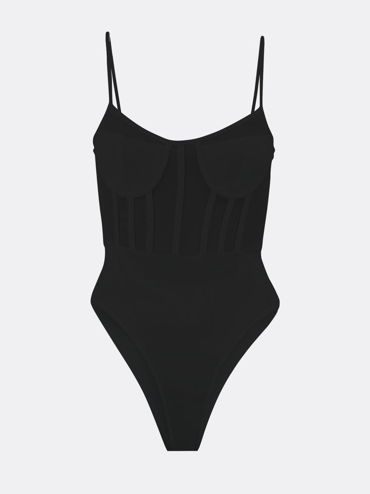 Transparent Bodysuit with Sweetheart Neckline Adjustable Thin Straps Black Ghost | Jolovies