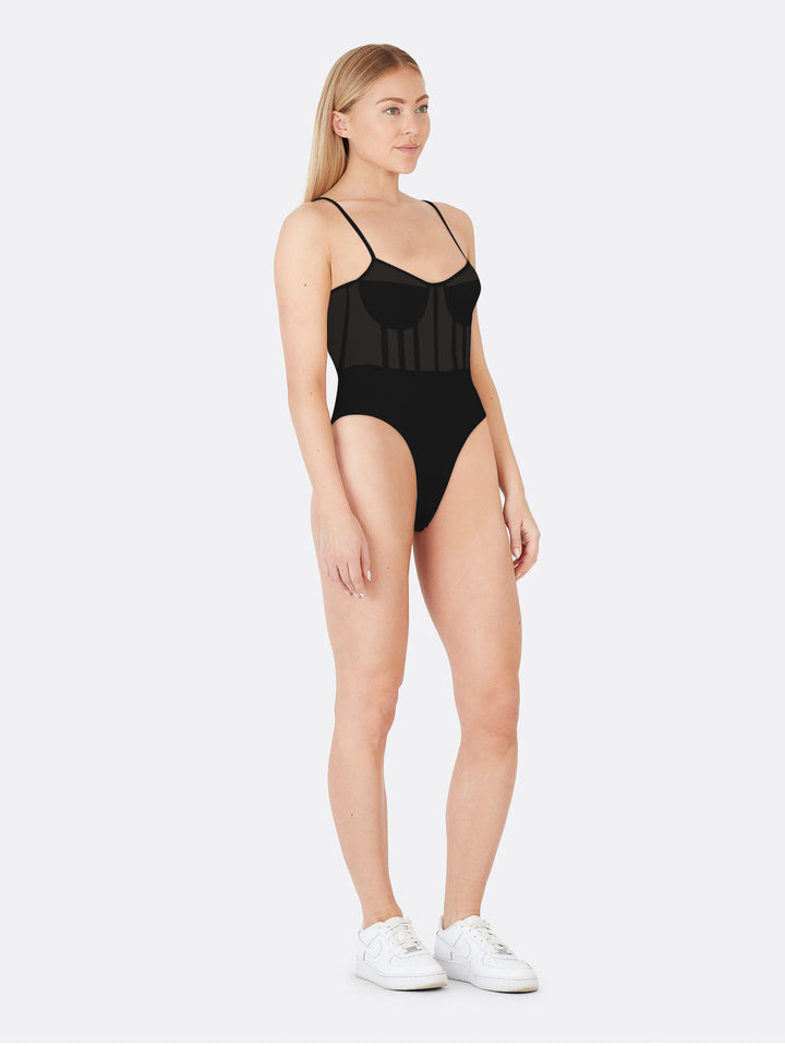 Transparent Bodysuit with Sweetheart Neckline Adjustable Thin Straps Black Side | Jolovies