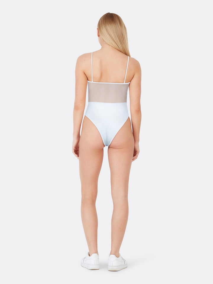 Transparent Bodysuit with Sweetheart Neckline Adjustable Thin Straps White Back | Jolovies