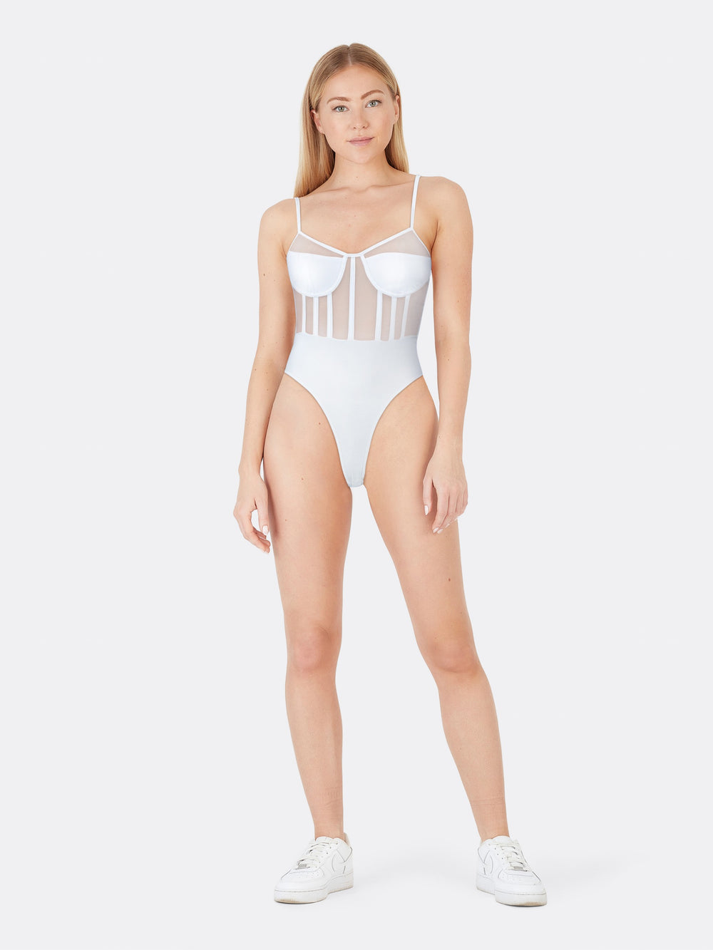 Transparent Bodysuit with Sweetheart Neckline Adjustable Thin Straps White Front | Jolovies