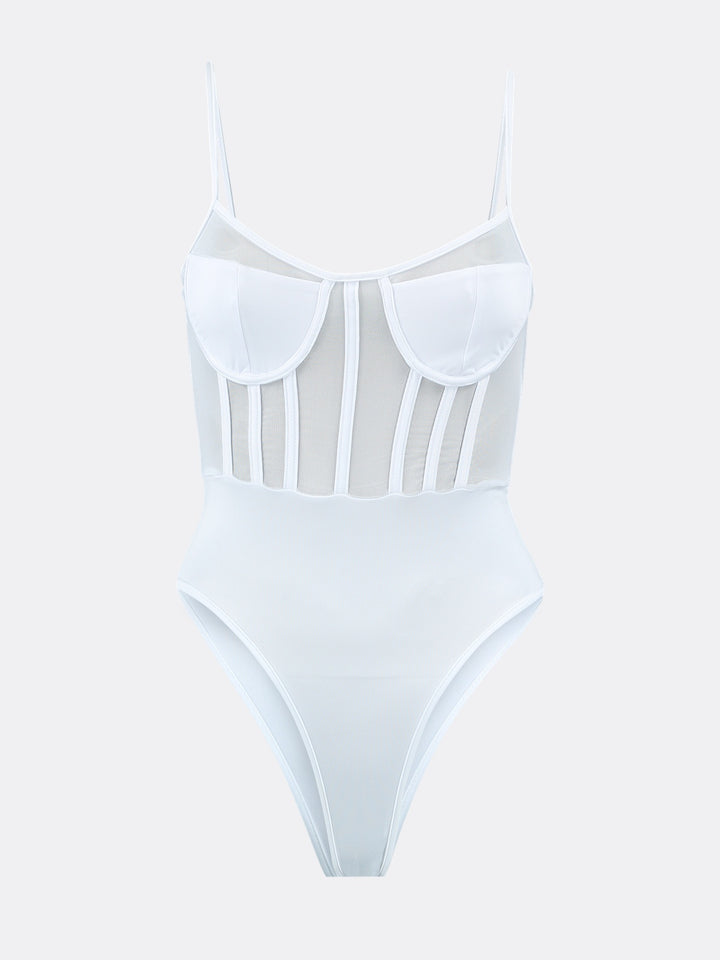 Transparent Bodysuit with Sweetheart Neckline Adjustable Thin Straps White Ghost | Jolovies