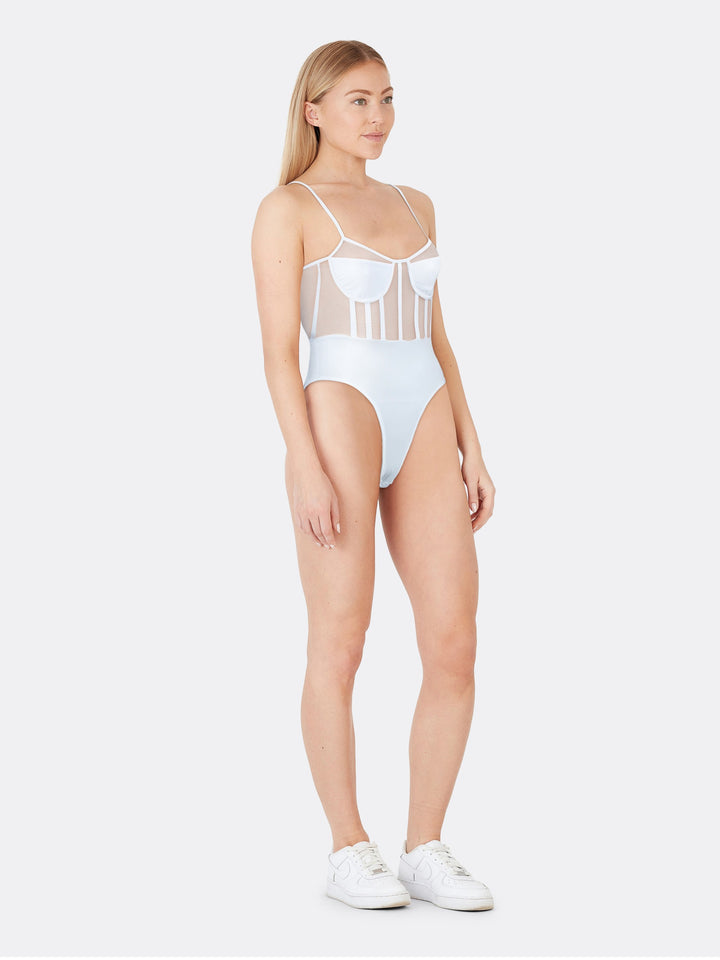 Transparent Bodysuit with Sweetheart Neckline Adjustable Thin Straps White Side | Jolovies