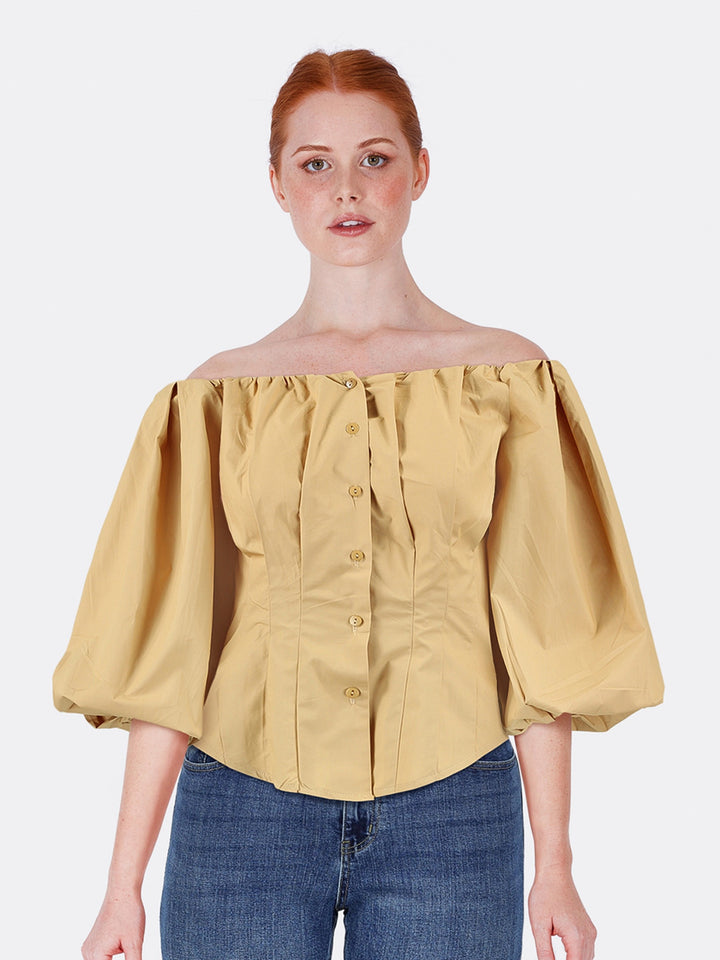 Vintage Shirt with Puff Sleeves and Corset-style Detail Khaki Front Close